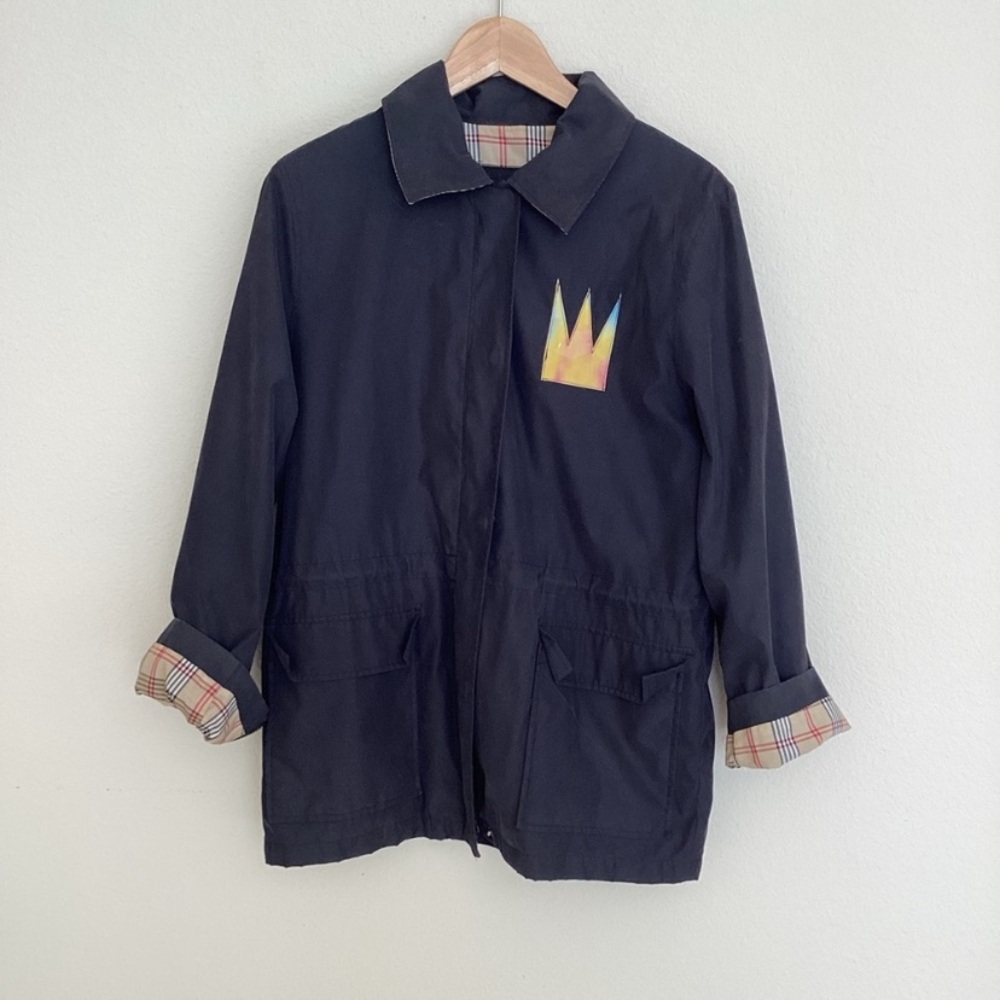 Andrew Marc Black Jacket with Crown and floral back Patch SZ M